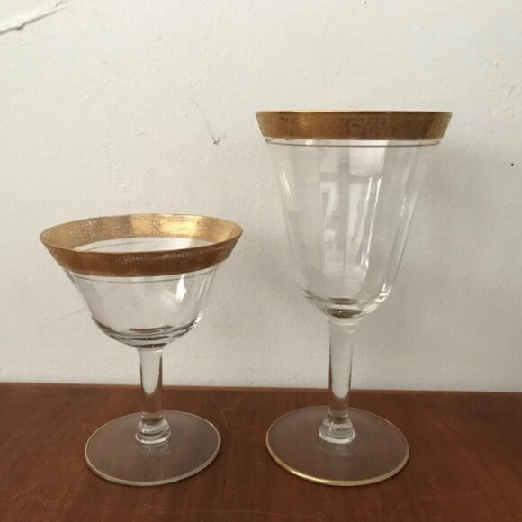 Vintage 5 Glastonbury Rose Lotus Fluted Gold Encrusted Sherbert Wine Glasses Set - Picture 5 of 10